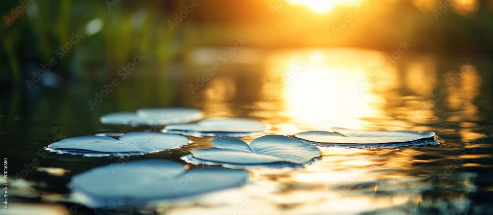 Poster lily pads floating on a calm pond with sunset in the background.