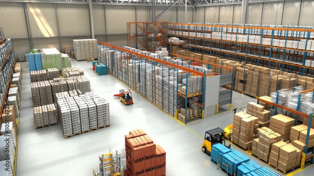 Poster a comprehensive overview of an efficient warehouse layout with organized storage and equipment utili