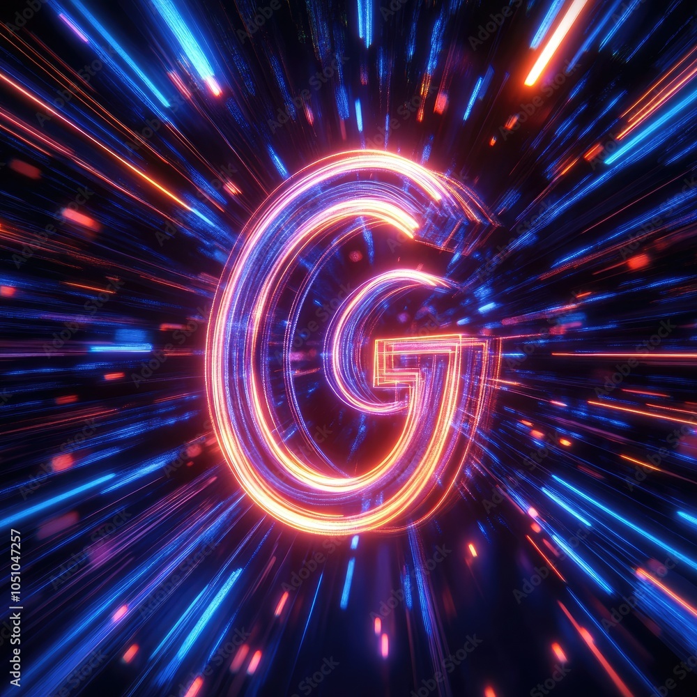 Poster dynamic neon letter g in a futuristic light beam explosion effect emphasizing technology and creativ