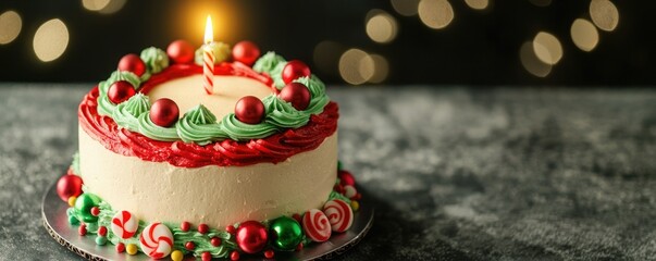 Obraz premium A festive cake adorned with colorful frosting and a bright candle, perfect for celebration and holiday gatherings.