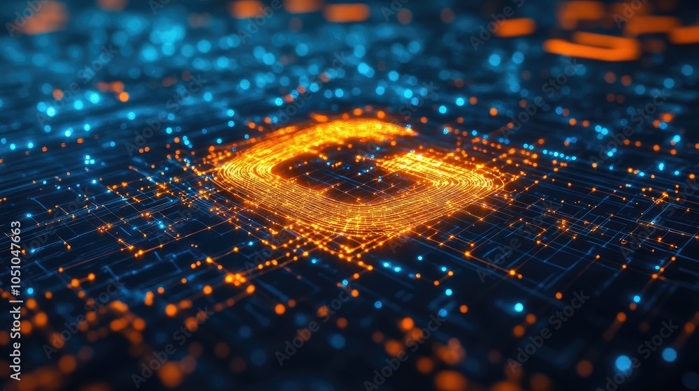Poster exploring the vibrant intersection of technology and digital design through illuminated networks and