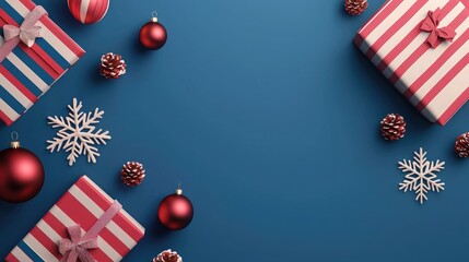 Obraz premium Festive holiday decorations featuring colorful gift boxes, ornaments, and snowflakes on a vibrant blue background.