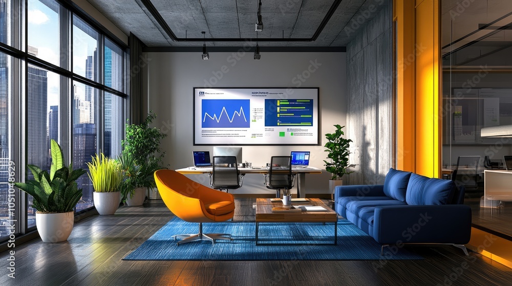 Poster modern office space with data visualization and comfortable seating for collaborative work