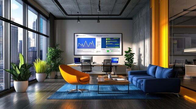 Modern office space with data visualization and comfortable seating for collaborative work