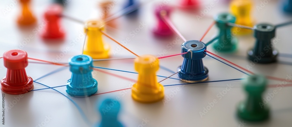 Poster colorful push pins connected with string in a network pattern.