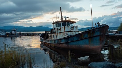 Rusty Boat Docked at Sunset