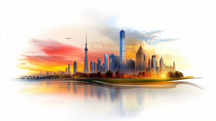 Obraz premium vibrant city skyline at sunset, showcasing modern architecture and serene waterfront. colorful sky reflects on water, creating peaceful yet dynamic atmosphere