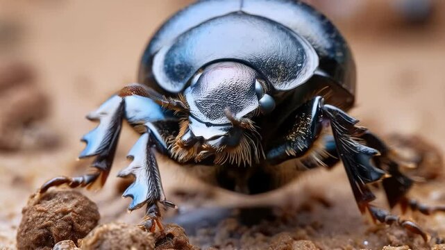 Black dung beetle pushes a ball of dung in the desert, showcasing its shiny mandibles and moving legs. This wildlife photo captures nature's delicate balance
