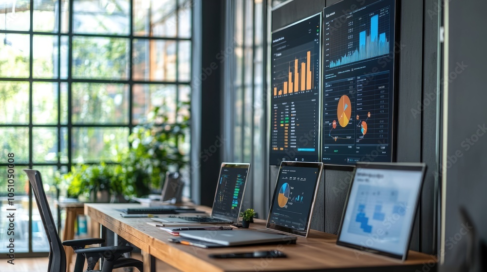 Poster modern office workspace with data visualization and technology integration for enhanced business pro