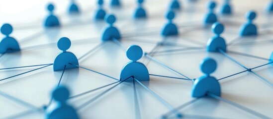 Blue figures connected by strings forming a network on a white background.