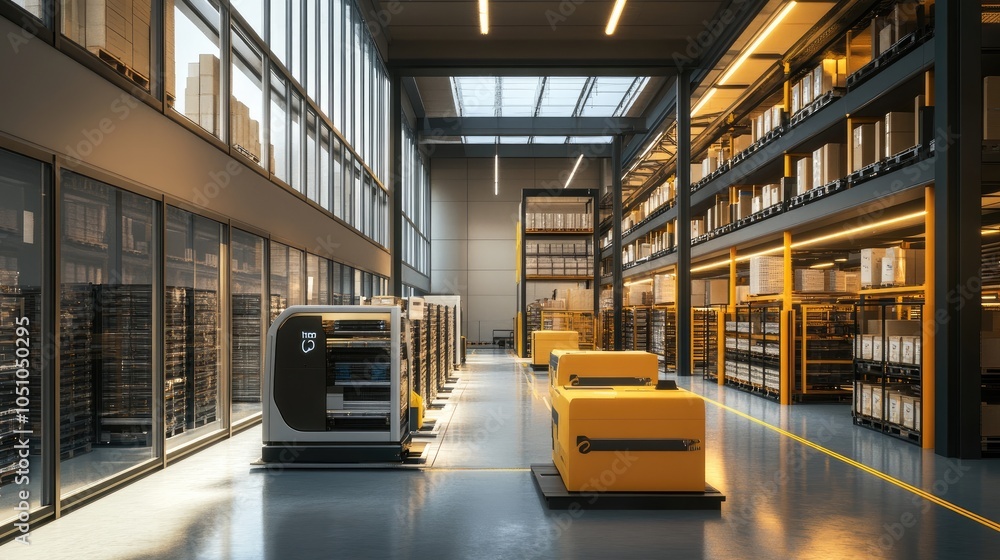 Poster modern warehouse interior featuring automated sorting systems and efficient storage solutions