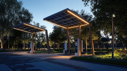 Obraz premium Innovative solar charging stations enhancing sustainable energy solutions in urban landscapes