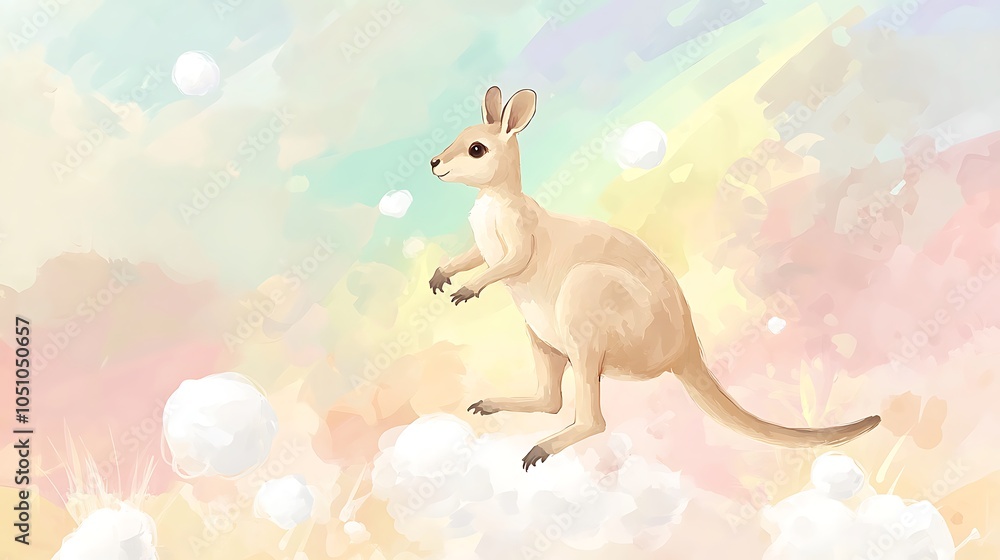 Poster tiny kangaroo bouncing on soft marshmallow clouds