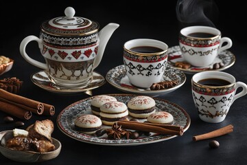 Fototapeta premium Coffee and Pastries with Cinnamon and Star Anise in Ornate Cups and Saucers