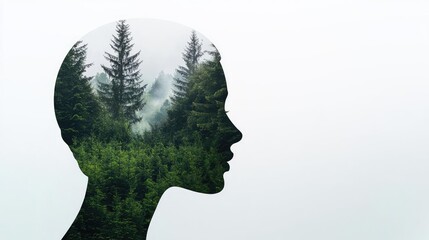 Silhouette of a head filled with green trees, symbolizing nature and thoughts.