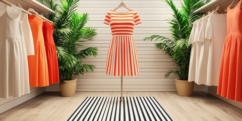 A stylish boutique display featuring a vibrant striped dress on a mannequin, surrounded by elegant dresses and lush green plants.