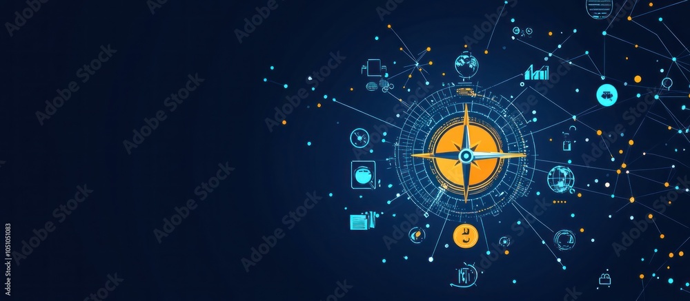 Poster compass in the middle of a network of connected icons.