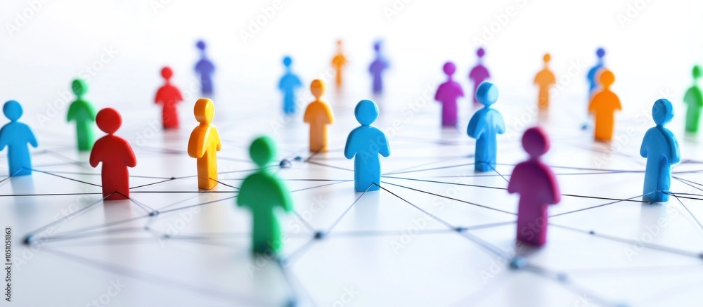 Poster a colorful network of interconnected figures representing a social network or community.