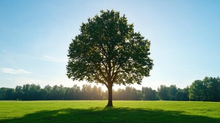 Lone tree standing in a vast green field under a clear blue sky.
