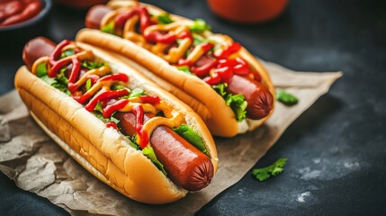 Delicious Hot Dogs with Toppings on Dark Background