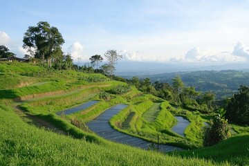 Fototapeta premium Green Hillsides with Lush Greenery and Terraced Rice Paddies