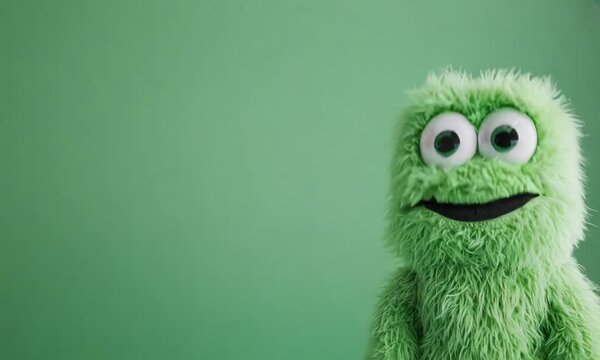 A green, furry puppet with a single eye and a friendly expression against a solid green background.