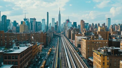 Fototapeta premium Drone tracking a subway line through the cityscape hypermaximalist advertising photography hyper realistic fine detail