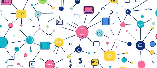 Naklejka premium Abstract network of connected colorful icons representing technology, communication, and social media.