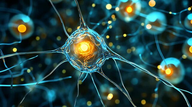 Close-up of a glowing blue neuron with intricate branches and a bright yellow nucleus.