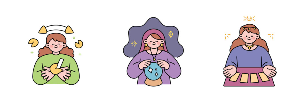 Fortune tellers. Fortune cookies, crystal balls, and tarot cards are symbols of superstitious good luck. outline simple vector illustration.