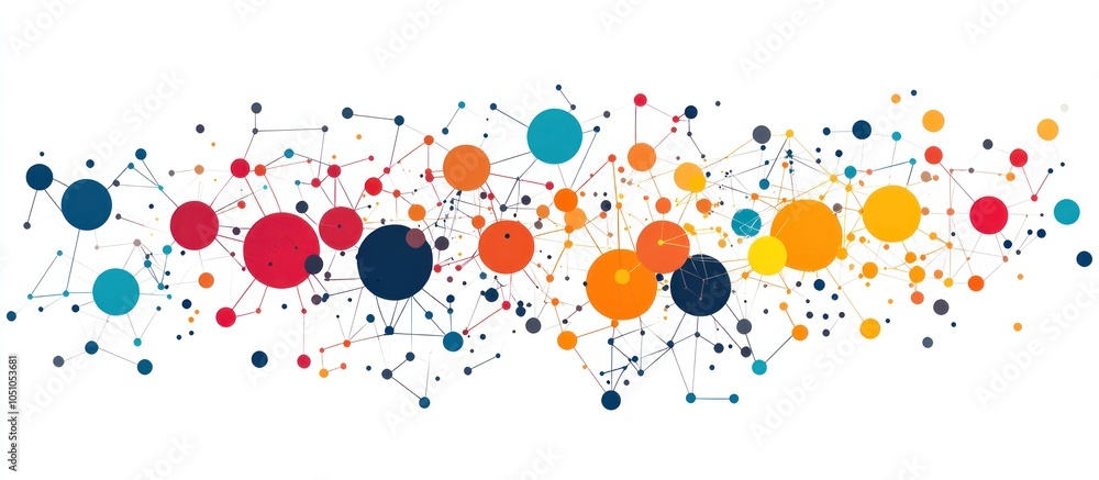 Poster abstract network of colorful dots and lines on white background.