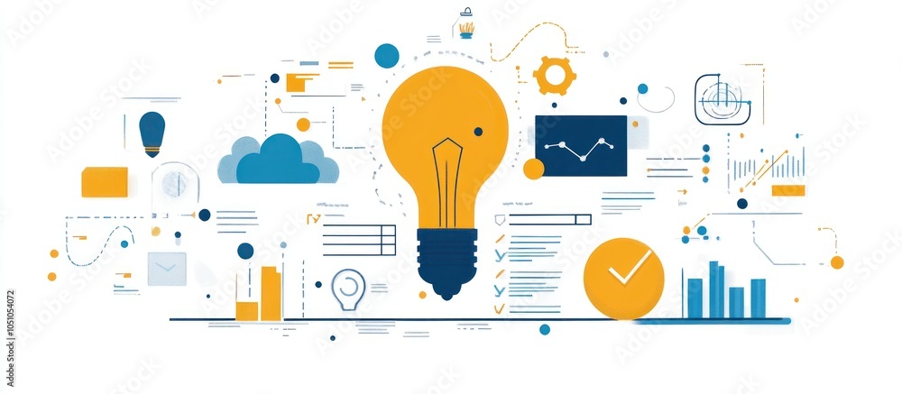Aufkleber a lightbulb with a blue base and a yellow glow is at the center of the image. surrounding it are ico