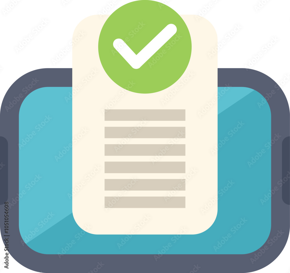 Poster mobile phone is validating a document with a green check mark icon, depicting the concept of online 