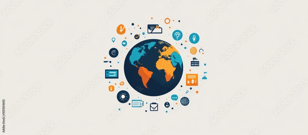 Poster global network of connected icons, representing communication and digital technology around the worl