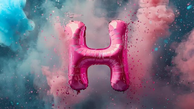 A cute and round balloon-shaped letter 'H' in pink colors, multicolored particles and gentle plumes of smoke background a magical and dreamy effect