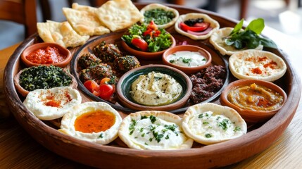 Fototapeta premium Artistic Mezze Platter with Dips and Fresh Ingredients