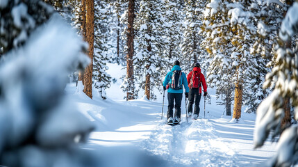 Two individuals snowshoeing on a snowy trail surrounded by tall evergreen trees in winter