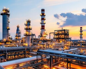 Stunning sunset view of a modern refinery with tall chimneys and intricate pipelines glowing in the evening light.
