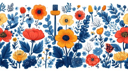 Colorful Floral Pattern with Blue Leaves and White Background