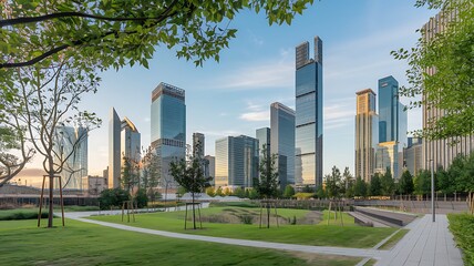 Fototapeta premium Modern Skyscrapers and Lush Green Park in a Cityscape