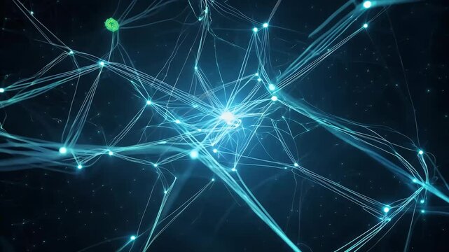 A dynamic visual display abstract biological neural networks motion design depicting cells bright moving pulses set contrasting black background enhanced impact technology network connection