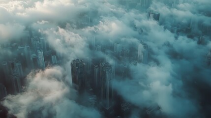 Drone zooming through clouds over the urban jungle hypermaximalist advertising photography hyper realistic fine detail
