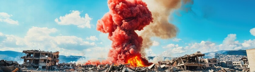 A dramatic explosion beyond a destroyed building, illustrating chaos and destruction in a vibrant blue sky.