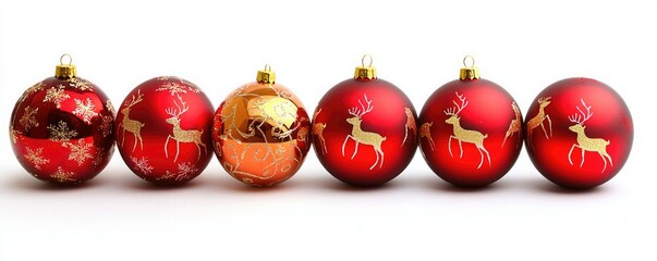 A festive display of red Christmas ornaments adorned with elegant patterns and reindeer designs, perfect for holiday decor.