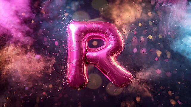 adorable balloon-shaped letter 'R' in pink colors, multicolored particles and gentle plumes of smoke background a magical and dreamy effect