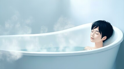 Illustration of a person relaxing in a bath. Clean and warm water.|お風呂でリラックスする人物のイラスト。清潔で温かいお湯