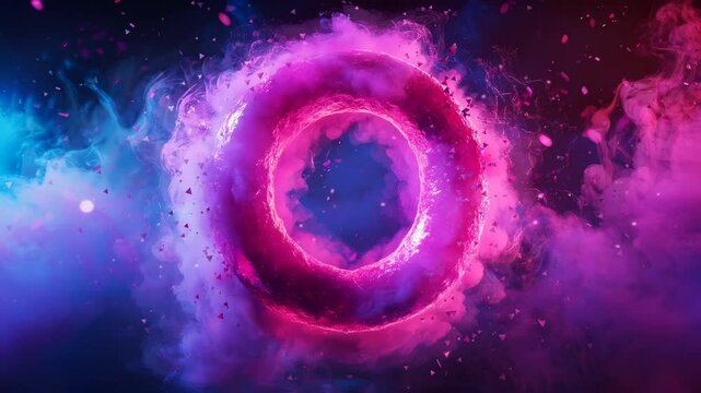 letter 'O' balloon-shaped in pink colors, multicolored particles and gentle plumes of smoke background a magical and dreamy effect