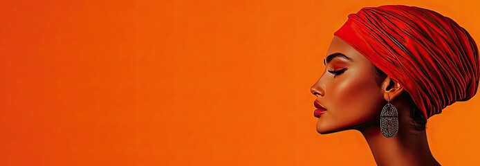 Profile of a woman with a red headwrap against an orange background.