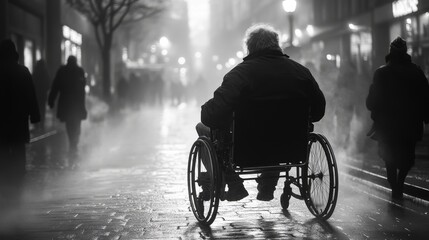 Obraz premium Persona con discapacidad en silla de ruedas por la calle. Concepto de ayudas al anciano y superación.