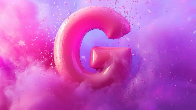 round balloon-shaped letter 'G' in pink colors, multicolored particles and gentle plumes of smoke background a magical and dreamy effect
